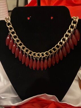 Gold-Tone Chain Necklace with Burgundy Teardrop Beads